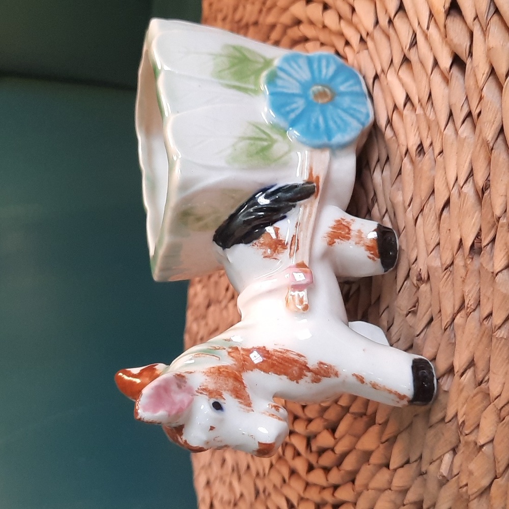 Vintage Hand Painted Ceramic Burro Donkey Pulling Cart Planter/Figurine